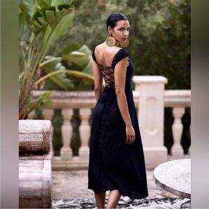 Zara Black A-Line Linen Midi Dress Square Neck Lace-Up Tie Open Back Size M